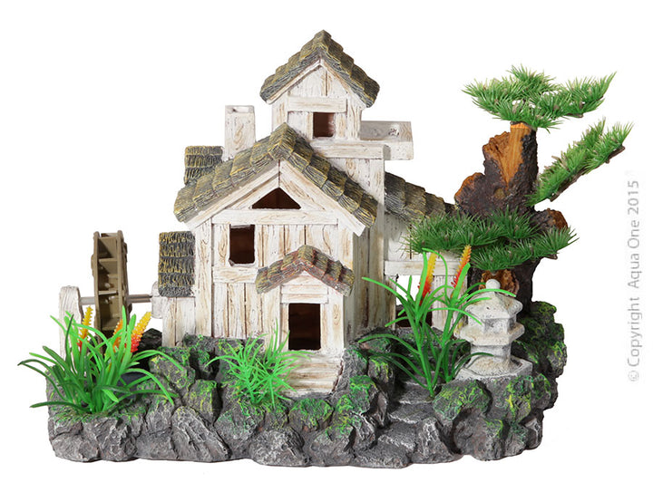 Aqua One Ornament White Cottage With Water Wheel & Bonsai
