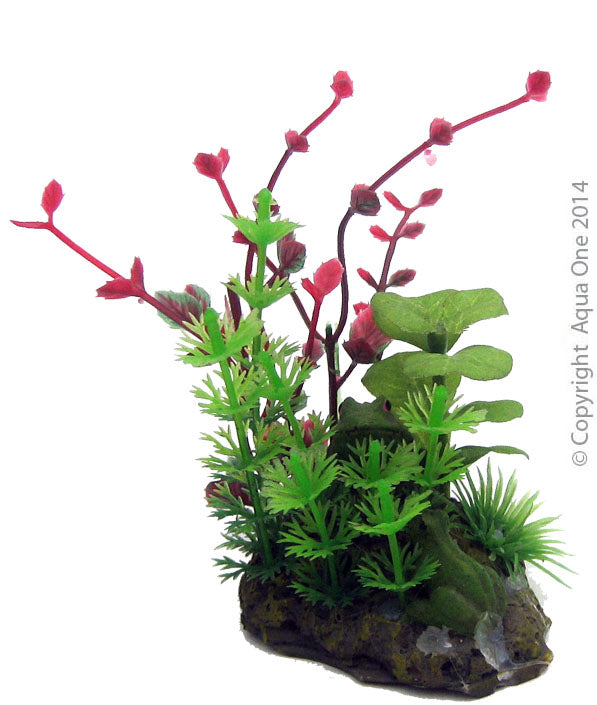 Aqua One Betta Ornament Green/red Plant On Rock 15cm 24335