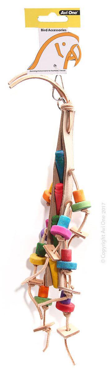 Avi One Bird Toy Leather Rope Coloured Wood Beads 47cm