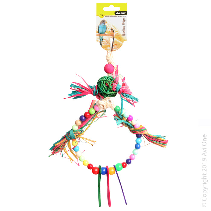 Avi One Bird Toy Rattan Balls W Raffia Wooden & Plastic Beads 37cm