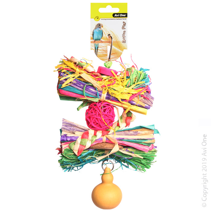 Avi One Bird Toy Rattan Ball With Raffia & Gourd