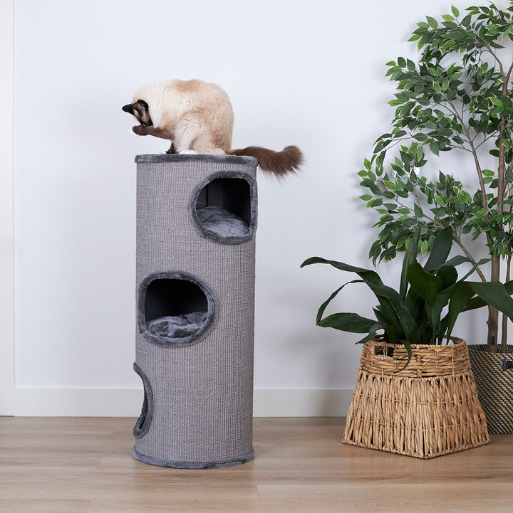 Kazoo Cat Scratch Pole Kitty Peek-a-boo Tunnel Charcoal Plush & Grey Sisal