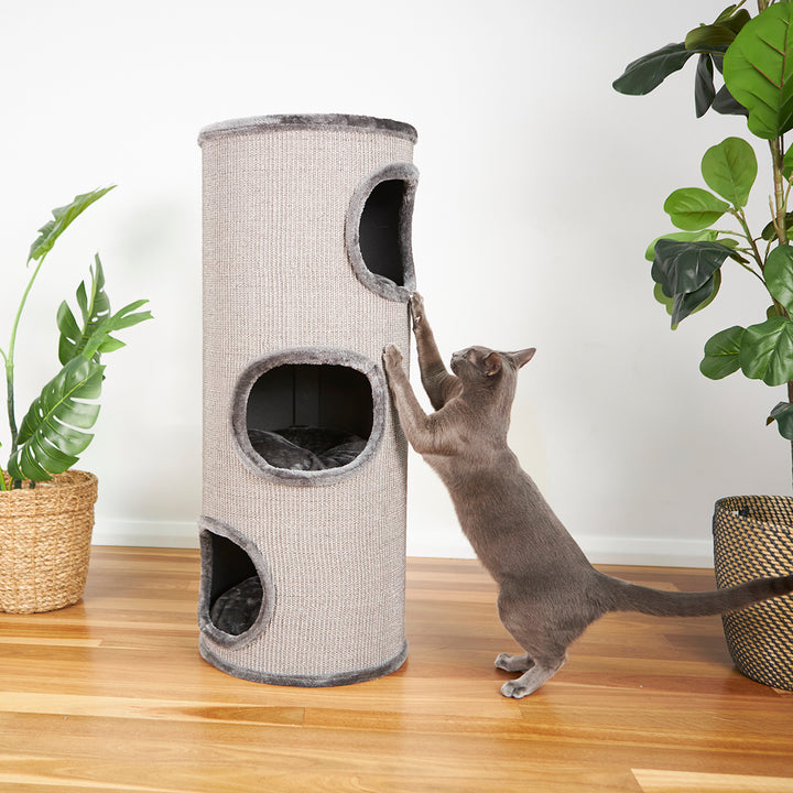 Kazoo Cat Scratch Pole Kitty Peek-a-boo Tunnel Charcoal Plush & Grey Sisal