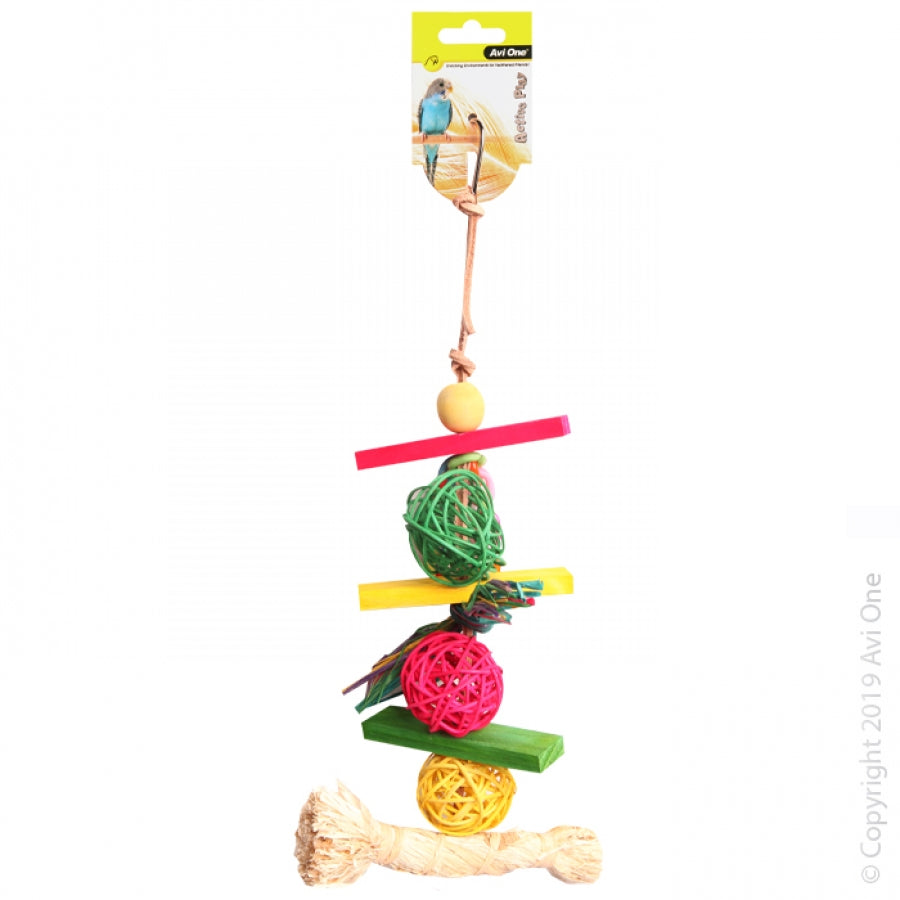 Avi One Bird Toy Rattan Balls Raffia Wooden Beads